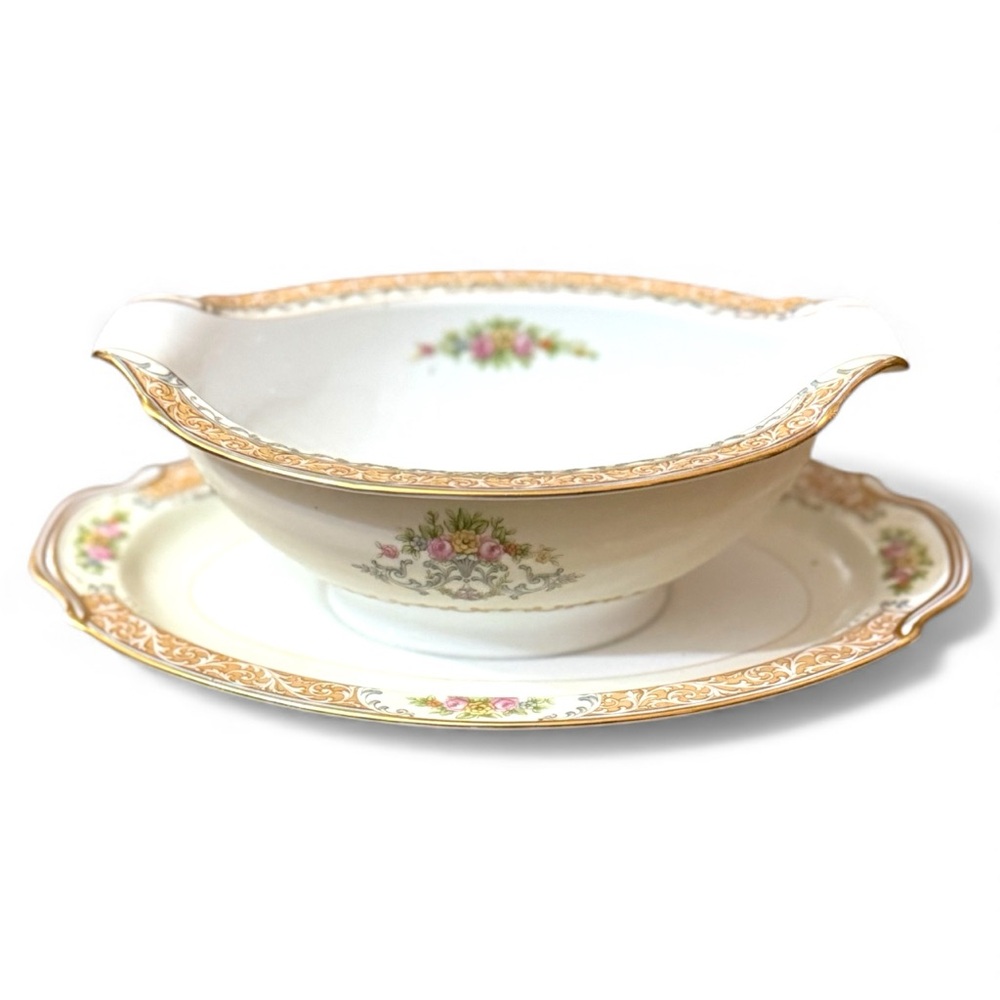Occupied Japan Porcelain China Gravy Boat with Attached Underplate